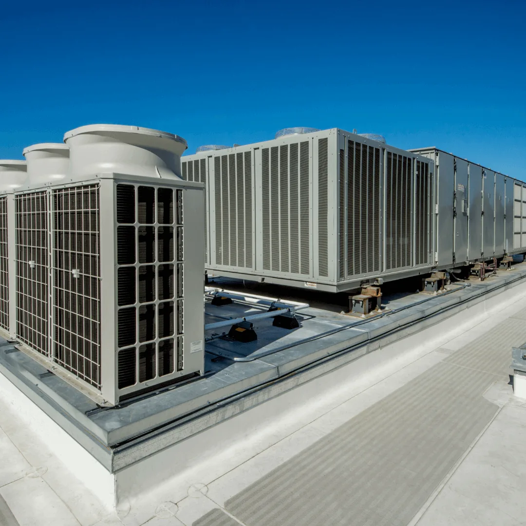 AC condensers on the roof of a building