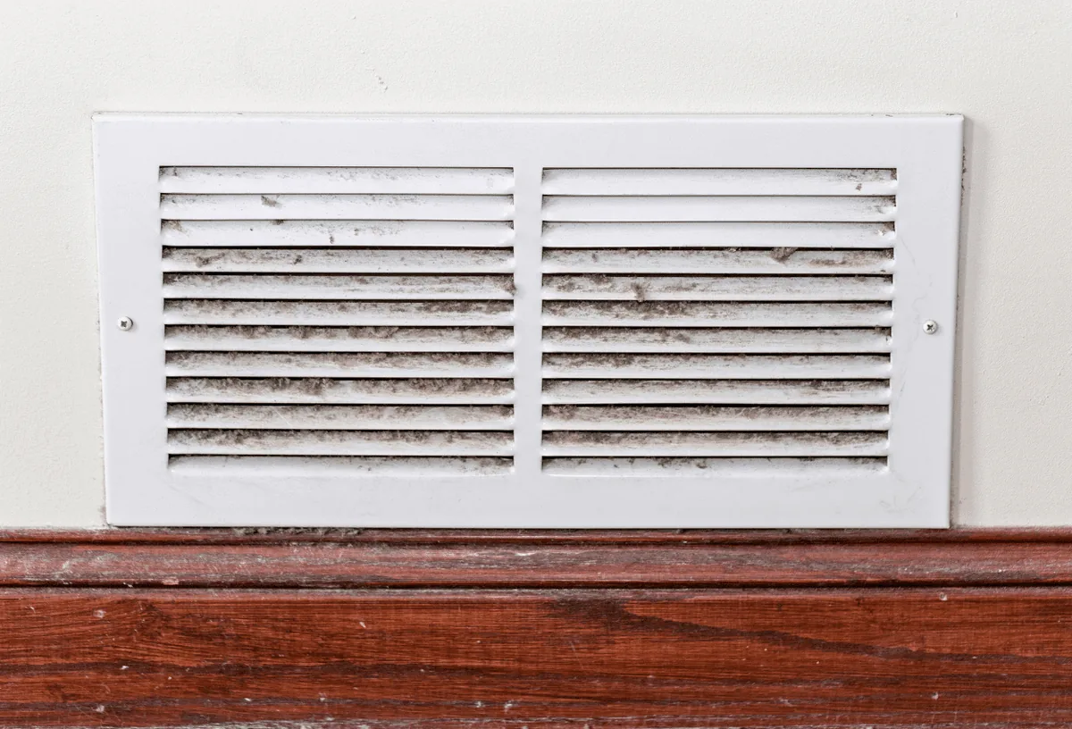 A picture of a dirty air duct vent.